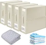 MOGONE Bed Sheet Organizers and Storage, 4 Large Size Foldable Sheet Organizer for Linen Closet, Bedding & Linen Storage Box Organiser with Window, for Duvet Cover Set, Clothes, Blankets (Beige)
