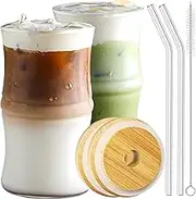 Ework4U 2 Pcs Iced Coffee Glasses Cups with Bamboo Lids and Straws,15 oz Clear Drinking Glass Cup Set,Latte Glasses,Beer Glasses,Ideal for Water,Soda,Gift - with Cleaning Brushe