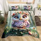 Owl Kids Duvet Cover Set King Size,Jungle Daisy Flowers Rustic Bedding Set,Boys
