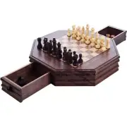 Octagonal Chess and Checkers Set Strategy Board Game Wood Drawers Educational