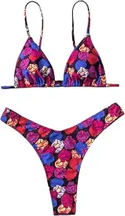 [COOLOYA] Women's Rose Print 2 Piece Bikini Sets Padded Tie Side Triangle Bathing Suits, Royal Blue, Small