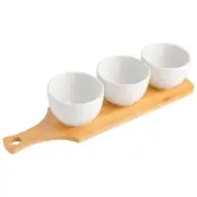 Gibson Gracious Dining 3 Piece White Fine Ceramic Tidbit Bowl Set with Bamboo Se