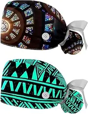 [WOSHJIUK] Working Hat 2 Pack Scrub Caps for Women,Glass Spiral Circle,Tie Back Cap Adjustable Scrub Hat