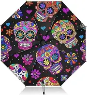 [PDZRMY] UV Protection Travel Umbrella Sugar Skull Heart Compact for Rain and Sun - Auto Open and Close UPF 50+ Windproof Portable 46” Sun Umbrella for Women and Men