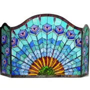 Peacock Tail Feather Tiffany-Style 3-Panel Stained Glass Fireplace Screen