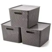 Set of 3 Lidded Storage Bins, 18 Quart Large Plastic Stackable Weaving Wicker...