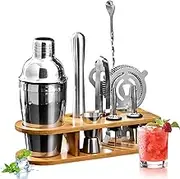 DULCE DOM 10 Pcs Cocktail Shaker Set Bartender Kit with Stand Bar Set Drink Mixer Set with All Essential Accessory Tools Martini Shaker, Jigger, Strainer, Mixer Spoon, Muddler, Liquor Pourers