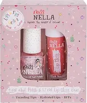 Miss Nella Pink Secret Lips & Tips Duo Scented Lip Gloss + Glitter Nail Polish for Children with Peel-Off, Water-Based and Odour-Free Formula