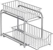 SONGMICS Pull Out, 2-Tier Sliding, Stackable Under Sink Cabinet Organizer with Storage Basket Drawers, for Kitchen, Bathroom, Silver UKCS017E01