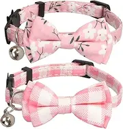Floral Cat Collar Breakaway Safety with Bell Bow Tie 2pcs Plaid Flower Solid Kitten 7-11in Pink Flower & Plaid