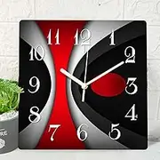Wooden Wall Clock Silent Non-Ticking, Red Black Grey Modern Irregular Abstract Wooden Square Rustic Coastal Wall Clocks Decor for Home Kitchen Living Room Office, Battery Operated(12 Inch)