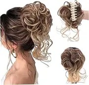 Curly Bun Hair Piece, Synthetic Fiber Messy Bun Hair Clip, Natural Messy Bun Hair Piece Claw Clip Thick Updo Ponytail Hair Extensions for Women Mixed Brown
