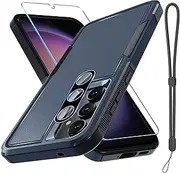[RMOCR] for Samsung Galaxy A55 Case, Full Body Heavy Duty Rugged Shockproof Protective Phone Cover with Lanyard Strap, Tempered Glass Screen Protector and Camera Lens Cover, Navy Blue