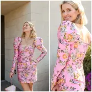 BEC AND BRIDGE Pink Peony Jacquard Puff Shoulder Mini Dress Size 10 BNWT