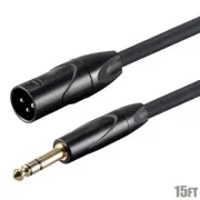 15ft XLR 3-Pin Male to 6.35mm 1/4" TRS Male Microphone Mic Cable Gold Plugs
