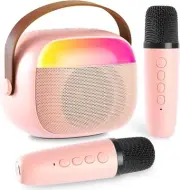 Mini Karaoke Machine with 2 Wireless Mics and LED Lights, Portable Bluetooth Spe