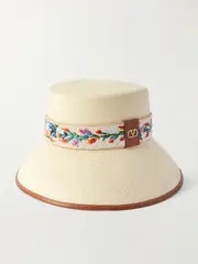 [Valentino Garavani] Valentino Garavani - Antibes Leather-trimmed Embroidered Straw Bucket Hat - Neutral - M M Neutrals
