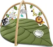 Baby Play Gym Baby Play Mat, Leaf Shaped Baby Mat with 6 Detachable Toys, Tummy Time Mat High Contrast Toys & Self-Discovery Mirror
