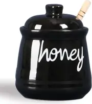 Honey Jar with Dipper and Lid, Ceramic Honey Pot 12Oz, Black