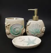 NEW 3 PC SET RESIN BEIGE,BLUE 3D STAR FISH,SEA SHELL DISPENSER,DISH,TOOTHBRUSH