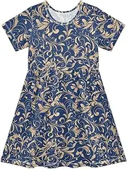 [FRODOTGV] Blue and Gold Leafs Girls Summer Dresses Short Sleeve Casual Loose Spring Dresses for Baby Girls, Blue and Gold Leafs, 4 Years