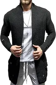 [Generic] Men's Muscle Mid-Length Cable Cardigan Men Shawl Open Front Cardigans Long Shawl Collar Cardigan for Men
