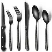 Black Hammered Silverware Set with Steak Knives, 24-Piece Stainless Steel Hea...
