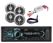 Marine Boss AM FM iPod Bluetooth Radio,4 Silver Boat Speakers,Amplifier,Antenna