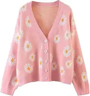 [XIAXAIXU] Womens Y2K Flower Pattern Long Sleeve Loose Knitwear Sweater V-Neck Button Down Knitted Cardigan