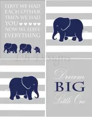 Navy Blue and Gray Elephant Nursery Prints, Jungle Nursery Art Set Of Four 8x10