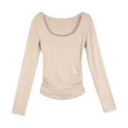 Long-Sleeve Scoop Neck Plain Slim Fit T-Shirt Light Almond - M