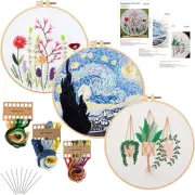 Beginner Embroidery Starter Kit 3 Needlepoint Floral Patterns with Colored Threa