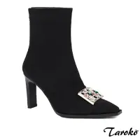 在飛比找momo購物網優惠-【Taroko】保暖絨布方扣水鑽細高跟女中筒靴(黑色)