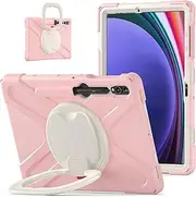 [SLLMYYX] Kids Case for Samsung Galaxy Tab S9 FE Plus/Tab S9 Plus 12.4 inch 2023 Release, 360 Degree Rotating Hand Grip Kickstand Shockproof Cover with Shoulder Strap, Cherry Pink