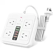 6Ft Surge Protection Power Board - 4 Outlets, 5 USB-A Ports, and 1 USB-C Port with 1.8M Extension Cord Wall Mount Surge Protector& USB Ports, Desk Power Strip& USB Ports for Home Office,White
