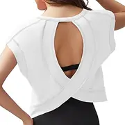 [Ammiko] 2025 Open Back Workout Tops for Women Backless T Shirts Criss Cross Crop Tee Round Neck Yoga Gym Running Tees