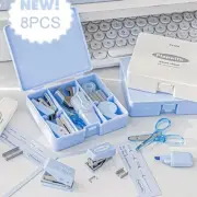 8Pcs/Box Kawaii Student Stationery Set Mini Puncher Stapler Machine Set