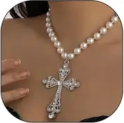 [RTY] Y2K Goth Faith Cross Necklace with Faux Pearl Chain Double Layers Long Tassels Cross Pendant Necklace