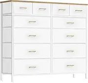 VASICAR White Dresser for Bedroom with 12 Deep Drawers, Wide Chest of Drawers, 55" TV Stand with Retro Wood Top, Tall Fabric Dresser for Closet, Nursery
