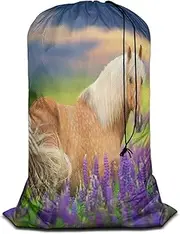 Swono Large Dirty Clothes Laundry Bag Palomino Horse for Laundry Basket Hamper, Horse With Long Mane Flowers At Sunset Machine Washable Dirty Clothes Organizer with Drawstring Closure, Flowers