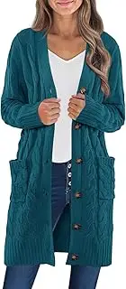 MEROKEETY Womens Long Sleeve Cable Knit Long Cardigan Open Front Button Sweater Outerwear