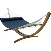 12 ft Natural Wooden Arc Hammock Stand & King Quilted Hammock in Navy Blue