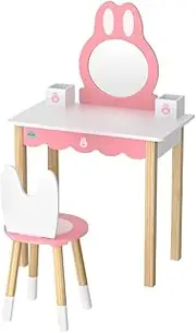 Keezi Kids Dressing Table Vanity Makeup Set w/Mirror Bunny Shape Chairs Pink