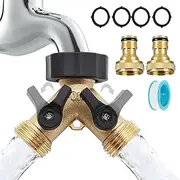 Hose Splitter, 2 Way Brass Garden Tap Splitter 1/2 Tap Water Hose Fittings 2-Way Quick On/Off Brass Hose Splitter with 2 Quick Connector for Washing Machine