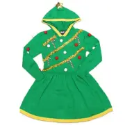 Girls Christmas Tree Fuzzy Ornament Pullover Dress with Hood