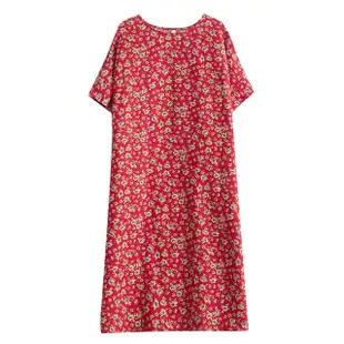 【小衣衫童裝】YP-5874-寬鬆大尺碼過膝紅色碎花洋裝短袖連衣裙(1120701)
