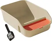 Perfk Cat Litter Box for Indoor Cats with Scoop High Sides Easy to Clean Bedpan Open Top with Frame for Small Animals Kitty Rabbits, Beige