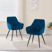 AINPECCA 2x Blue Velvet Upholstered Arm Dining Chair with Armrest Accent Tufted