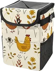 Car Trash Can with Lid and Storage Pockets Leak-Proof Organizer,Multipurpose Trash Bin for Car,Chicken Hen Plant Eggs