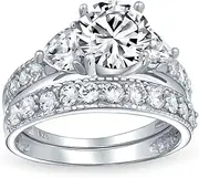 [Bling Jewelry] Personalize Classic Traditional Round Solitaire Brilliant Cut AAA CZ Pave Side Stones Band Anniversary Engagement Wedding Ring Set For Women .925 Sterling Silver Customizable